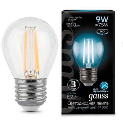 Светодиодная лампа Gauss LED Filament шар 9Вт. Е27 (естественный белый свет)