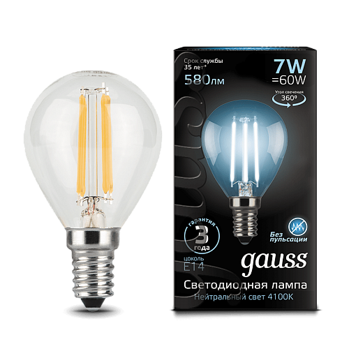 Светодиодная лампа Gauss LED Filament шар 7Вт. Е14 (естественный белый свет)
