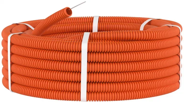 Труба ПНД гофрированная DKC д.32мм, лёгкая с протяжкой, цвет оранжевый (бухта 25м)
