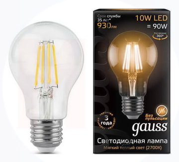 Светодиодная лампа Gauss LED Filament груша 10Вт. Е27 (теплый свет)