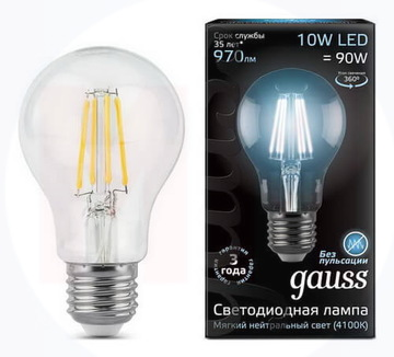 Светодиодная лампа Gauss LED Filament груша 10Вт. Е27 (естественный белый свет)